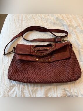 Sundance Burgundy Leather Woven Foldover Handbag With Studded Handle